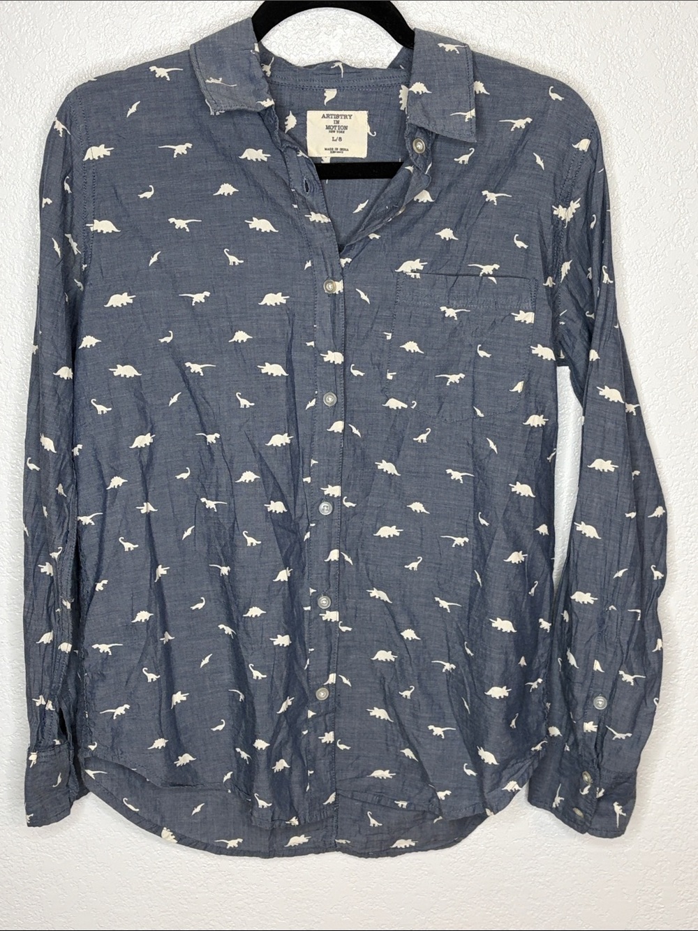 Artistry In Motion Blue Novelty Dinosaur Print Button Down Shirt Size Large 8
